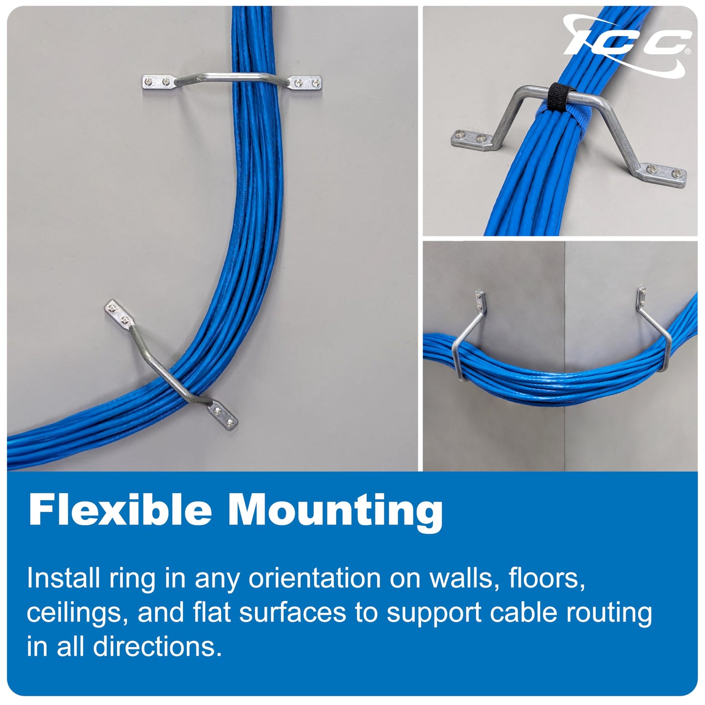 ICC 2" Metal Cable Distribution D Ring, 25-Pack - Horizontal & Vertical Wall Cable Organizer, Cable Hanger & Wire Loop for Structured Wiring