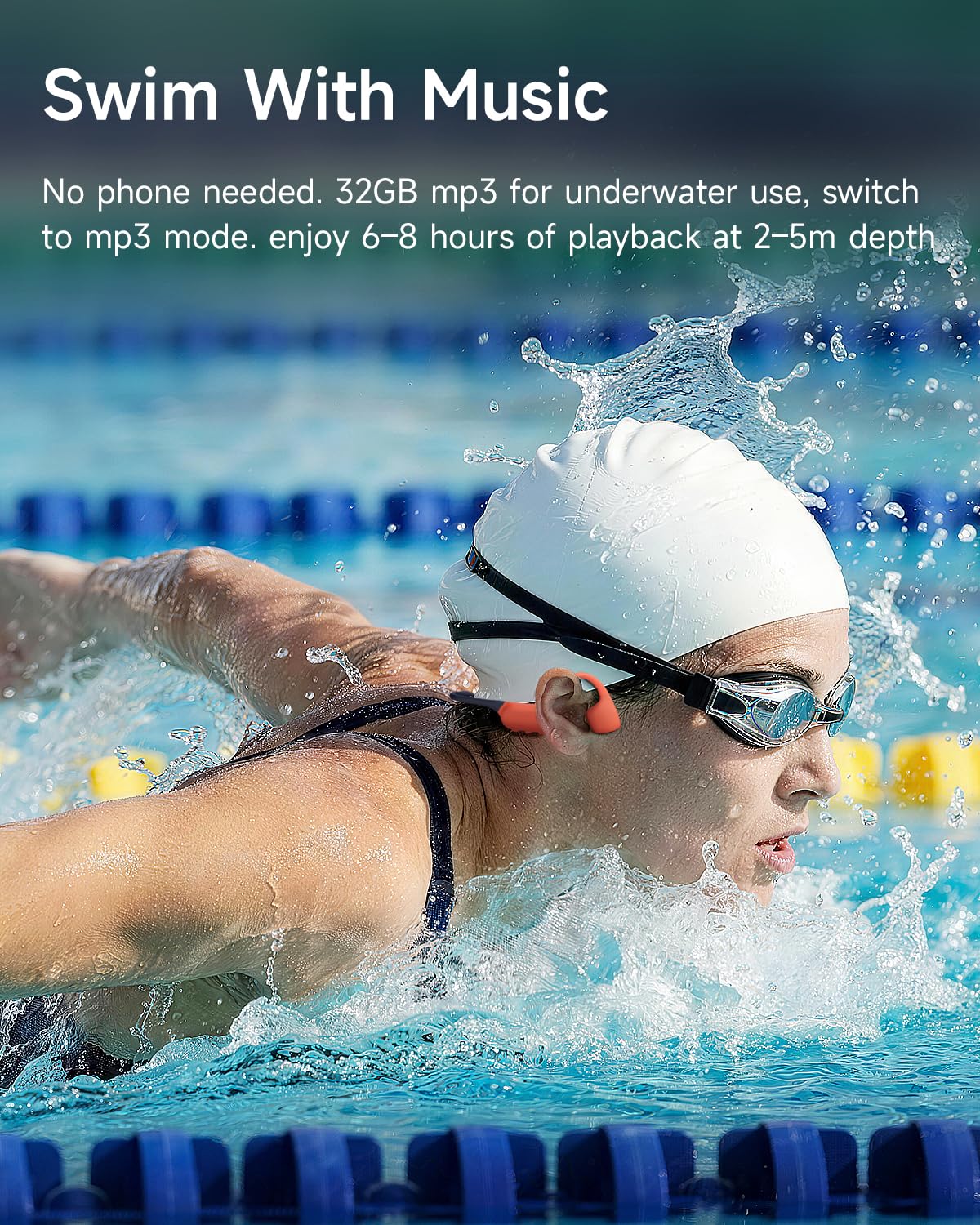 Rhyfell Swimming Headphones, IP68 Waterproof Bone Conduction Headphones, MP3 Mode 32GB Memory, 10H Playtime, Bluetooth 6.0, Open Ear Underwater