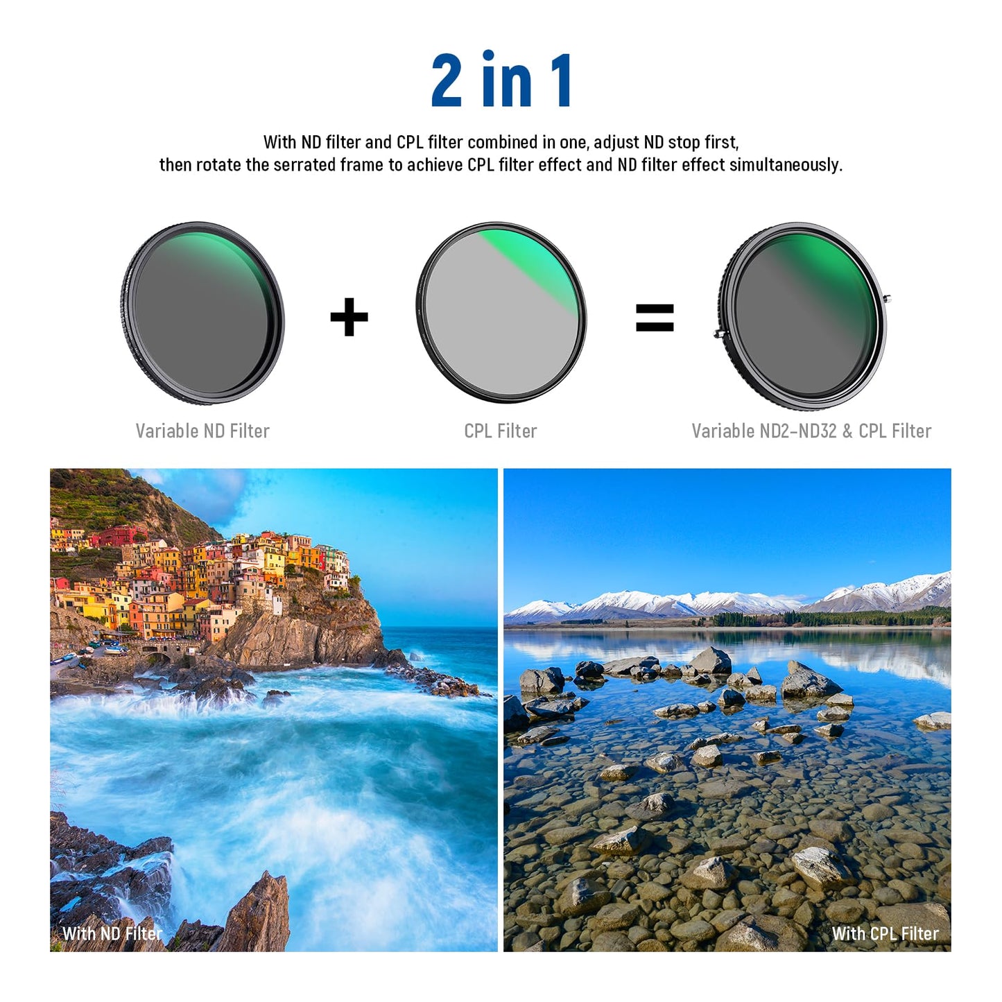 NEEWER 2 in 1 82mm Variable ND Filter ND2-ND32&CPL Filter(Circular Polarizer Filter) No X Cross/30 Layer Nano Coated/HD Optical Glass/Ultra Slim