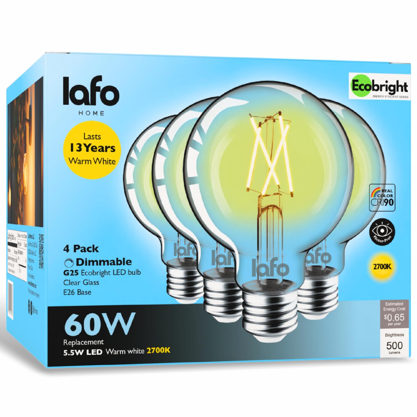 LafoHome EcoBright G25 LED Filament Bulbs Dimmable Globe Lights 60W Equivalent E26 Base 2700K Warm White CRI90 Flicker Free ETL and FCC Certified