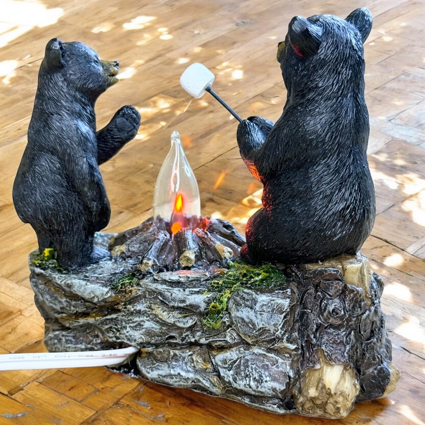 Top Brass Rustic Black Bear Campfire Night Light - Plug-in Flickering Flame Cabin Decor - Hand-Painted Resin Wildlife Accent for Lodge, Bathroom
