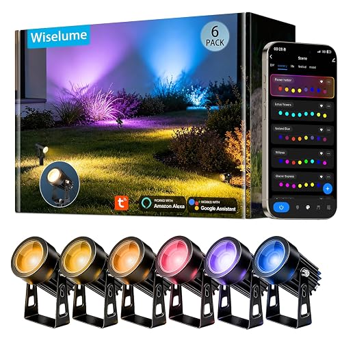 WISELUME RGBCW Smart Outdoor Landscape Lighting, 6 Pack Outdoor Spot Lights with Transformer, WiFi+Bluetooth App Control Garden Path Lights, Low