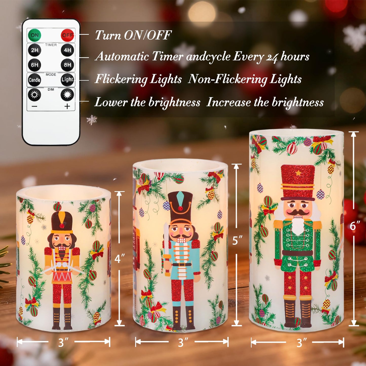 Crystal Club Christmas Flameless Candles Battery Operated, Holiday Nutcracker LED Candles with Remote, Realistic Pillar Candles for Xmas Tree, Mantel