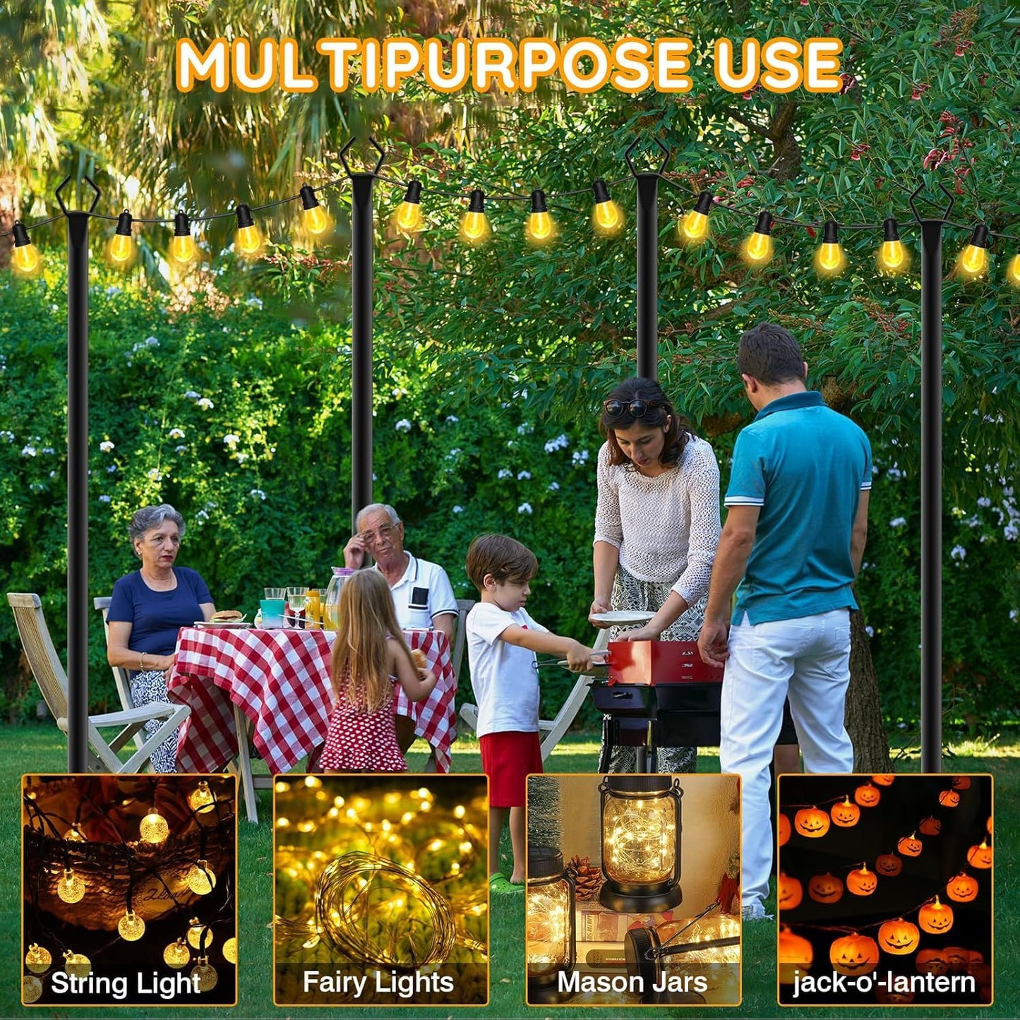 AHRLHR 6 Pack String Light Poles, Outdoor String Light Pole 10 ft Forked Metal Light Pole with Adjustable Outdoor Light Stand, Deck, Backyard, Garden