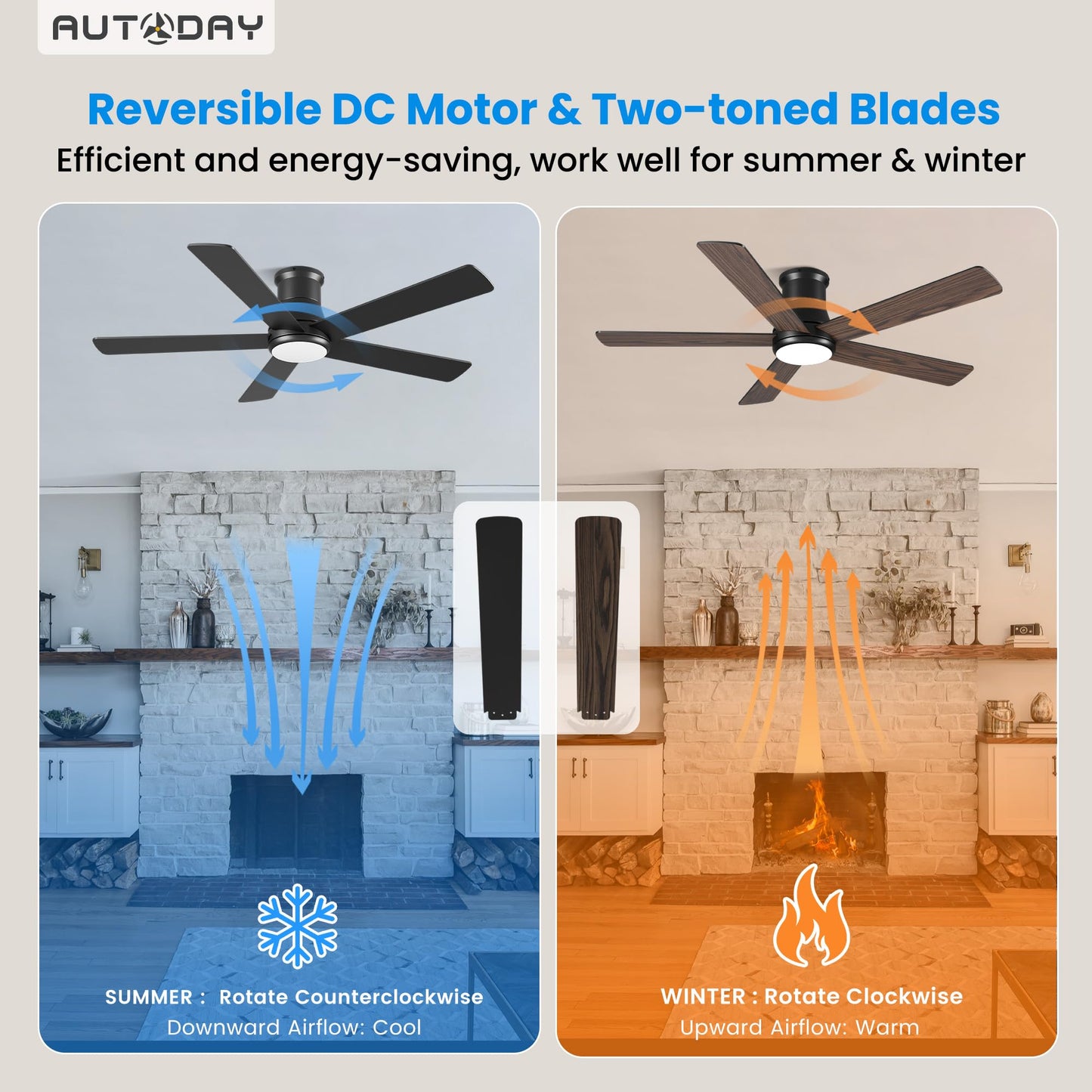 Autoday 52 Inch Low Profile Ceiling Fan with Light and Remote, Black