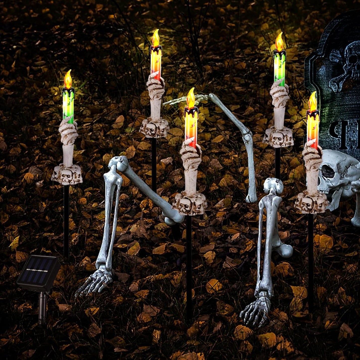 ILLUMINEW Halloween Pathway Lights, 5 Pack Candle Skull Hand Candle Holder, Waterproof Solar Halloween Led Lights, Indoor and Outdoor Party Home
