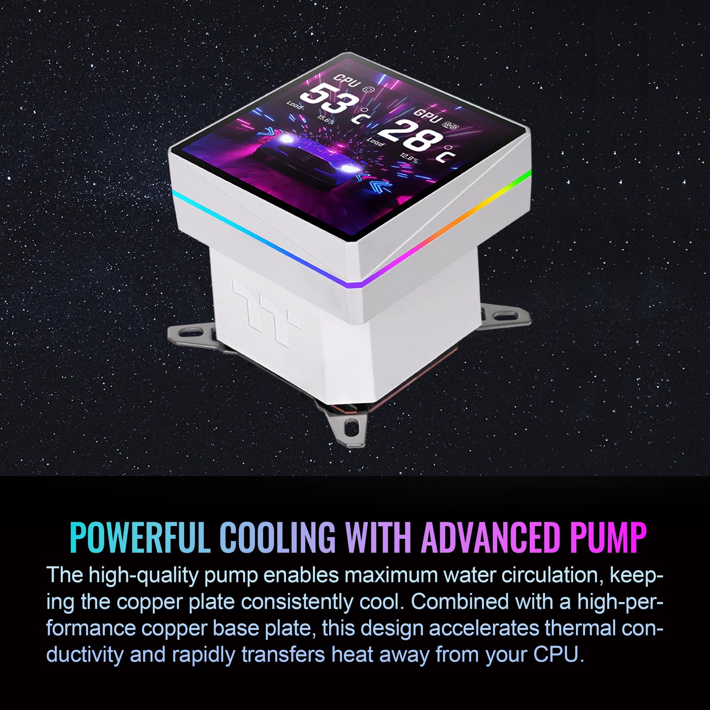 Thermaltake TH360 V3 Ultra ARGB CPU Liquid Cooler; Intel/AMD; 1x360mm 500~2500rpm Single Frame ARGB Fan; 3.95" TFT 720x720p LCD; Rotatable Pump Head