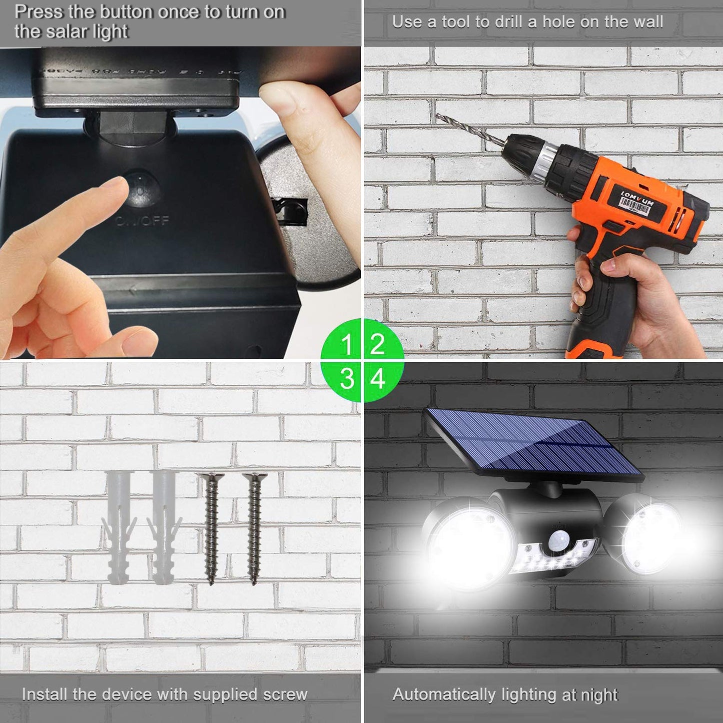 Ollivage Outdoor Solar Lights, 30 LED Solar Security Lights with Motion Sensor Dual Head Spotlights IP65 Waterproof 360° Adjustable LED Solar Motion