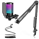 FIFINE Gaming PC USB Microphone, Podcast Condenser Mic with Boom Arm, Pop Filter, Mute Button for Streaming, Twitch, Online Chat, RGB Computer Mic for