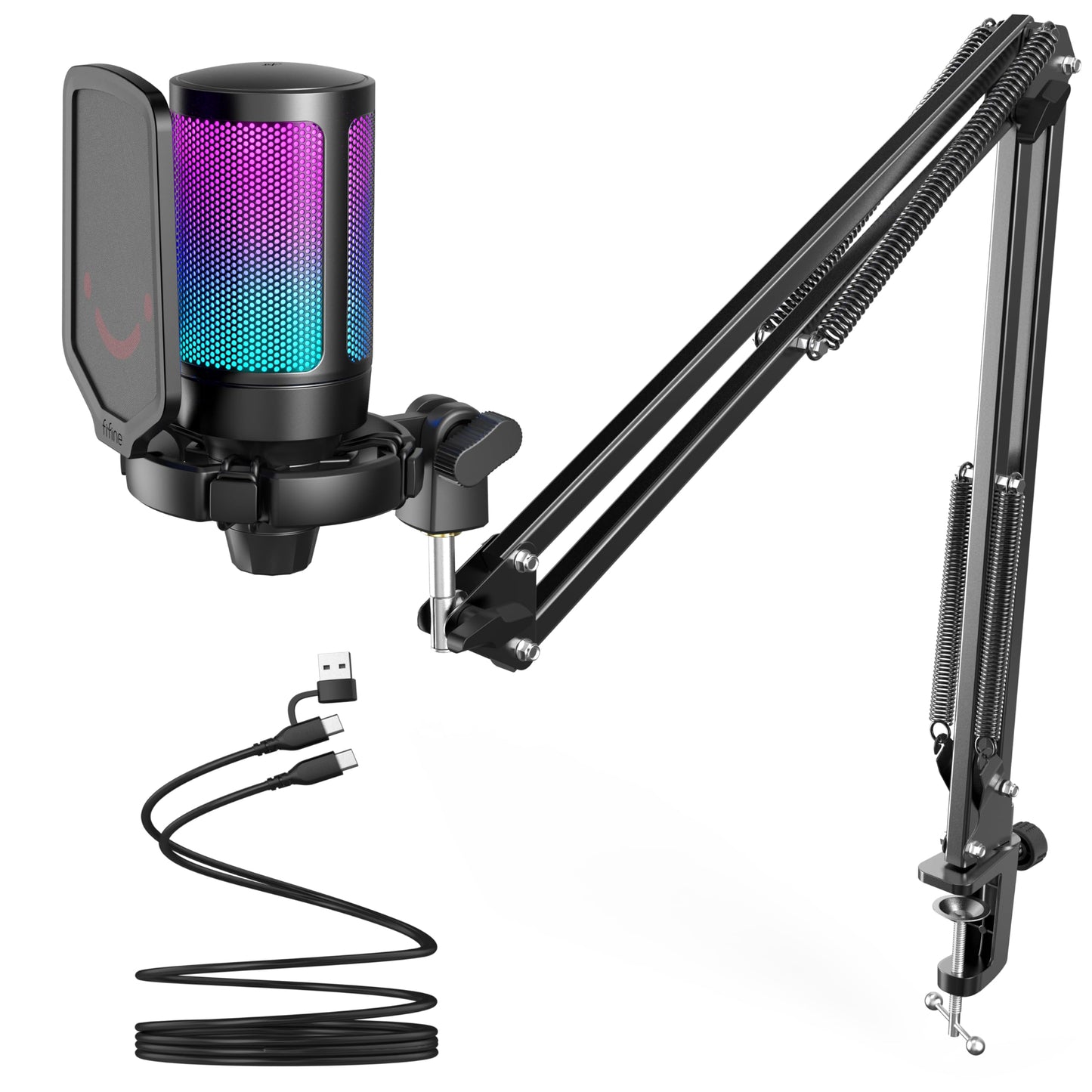 FIFINE Gaming PC USB Microphone, Podcast Condenser Mic with Boom Arm, Pop Filter, Mute Button for Streaming, Twitch, Online Chat, RGB Computer Mic for
