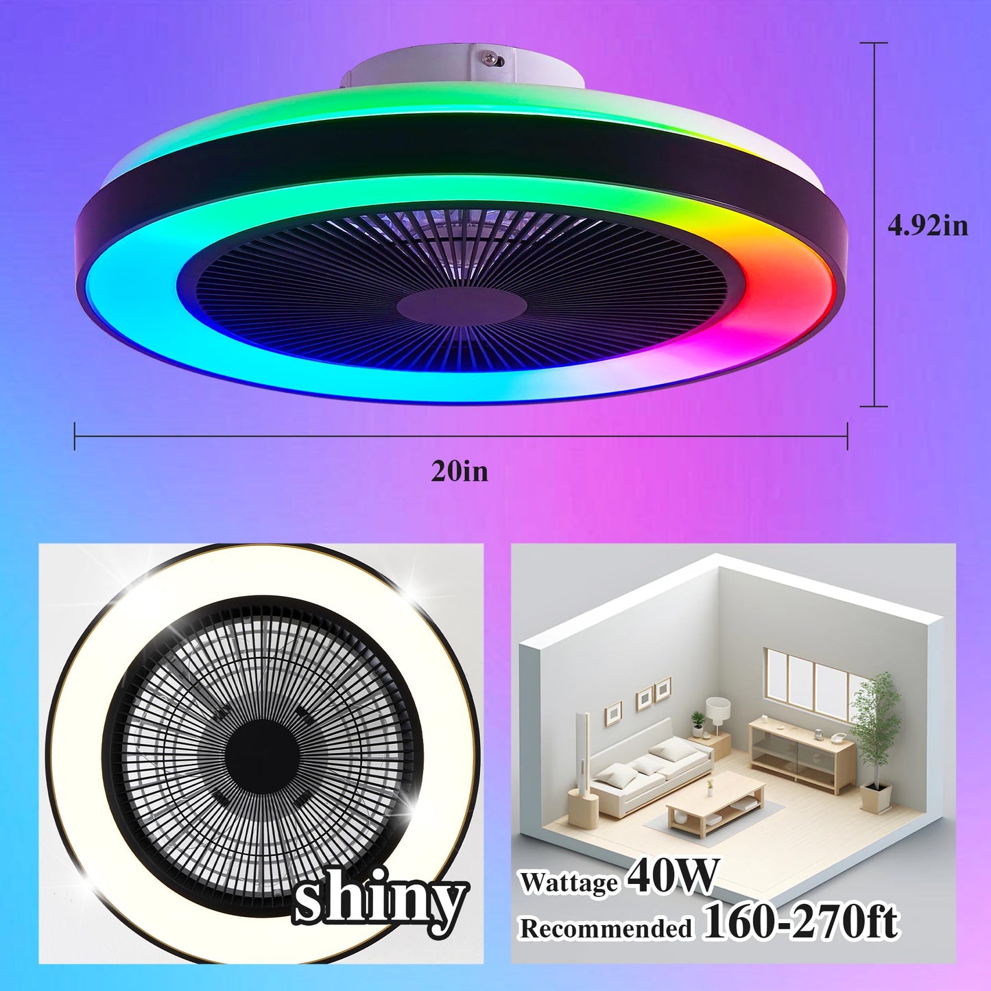 Smart Ceiling Fans with RGB Lights Remote - 20'' Flush Mount Low Profile Modern Ceiling Fans for Bedroom - Stepless Color Temperature and 6 Speeds