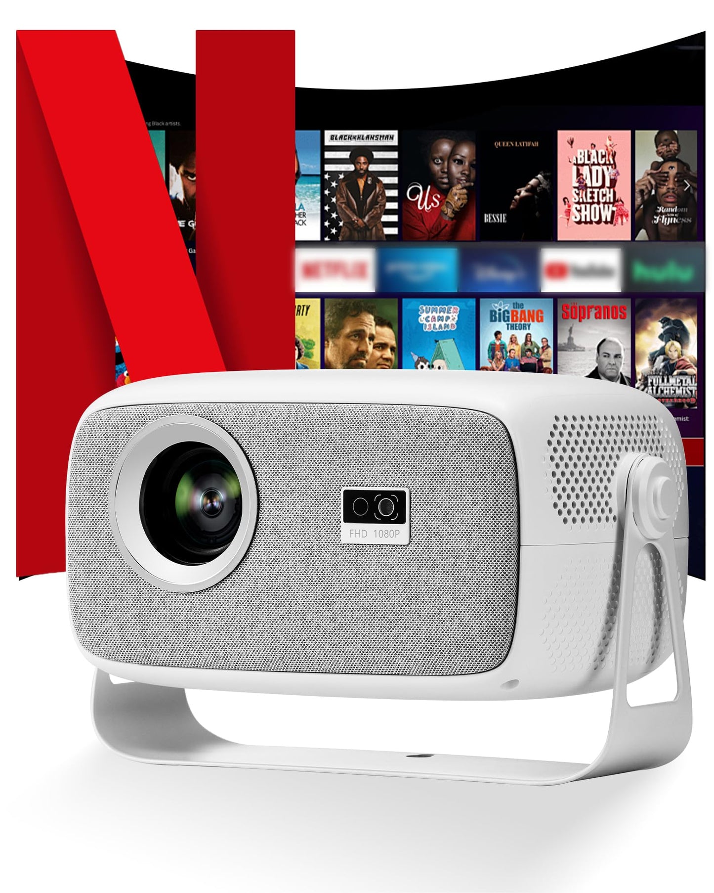 ?Official Licensed Netflix & Electric Focus?Mini Projector with WIFI and Bluetooth, 270° rotation, Braided fabric design, Outetrails Native 1080P