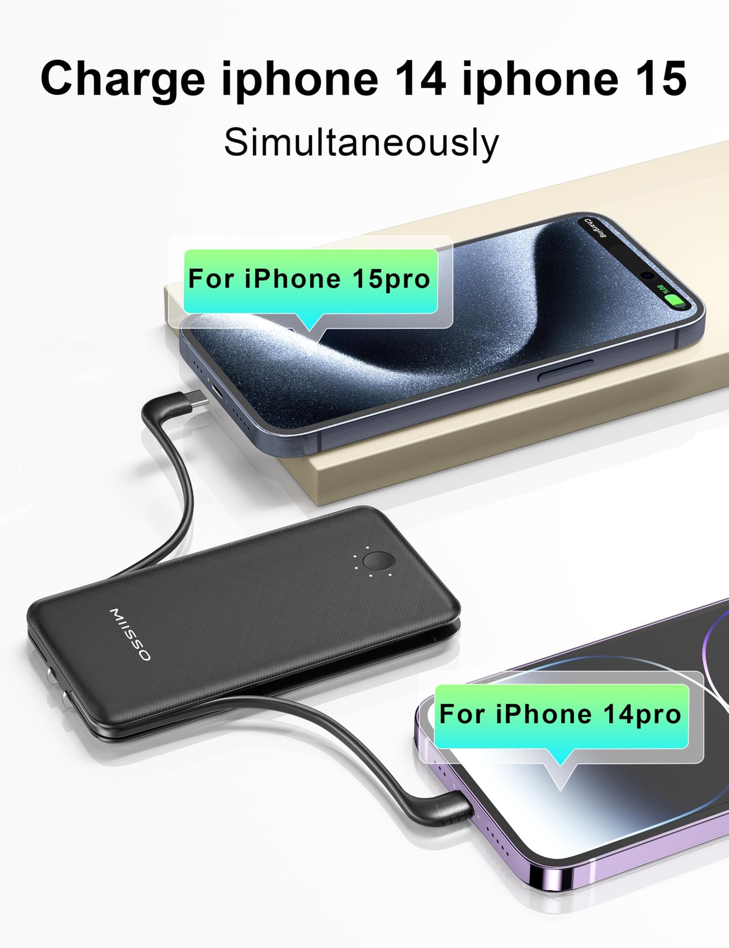 miisso Ultra Slim 10000mAh Power Bank Built-in Cables and Foldable AC Wall Plug, Pocket Size USB C Portable Charger, External Battery Pack Compatible
