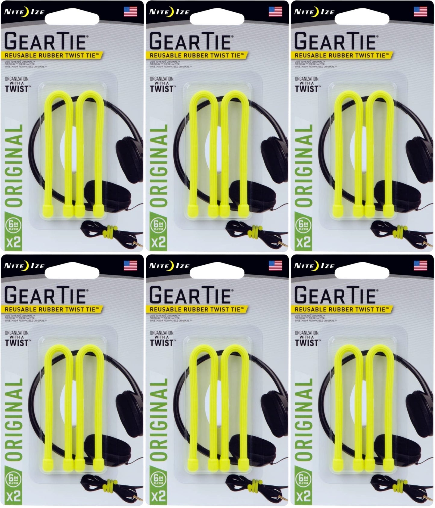 Nite Ize 2-Pack Gear Tie Reusable Rubber Twist Tie, 6" - Neon Yellow (6-Pack)
