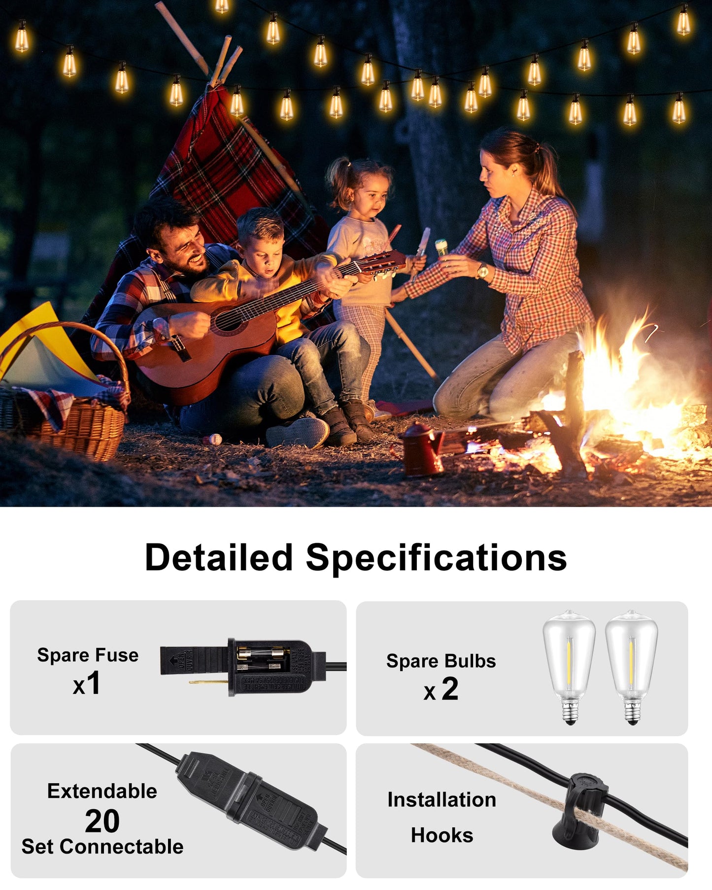 DELITOR Patio String Lights Plug in 50FT LED Outdoor String Lights with IP65 Waterproof 27 Bulbs, Connectable Dimmable Edison ST38 Outside Lights
