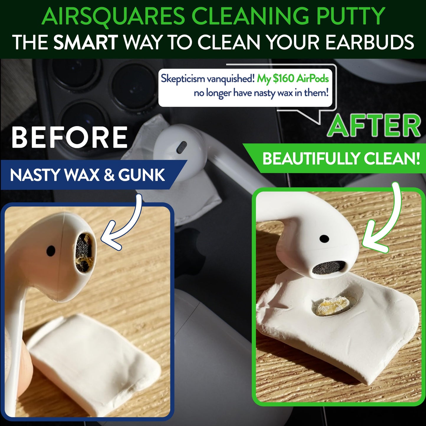 Cleaner Kit for Airpods by AirSquares | the Original Earbud Cleaning Putty Compatible with Airpods & Earbuds, Remove Wax, Dirt & Gunk from Tech