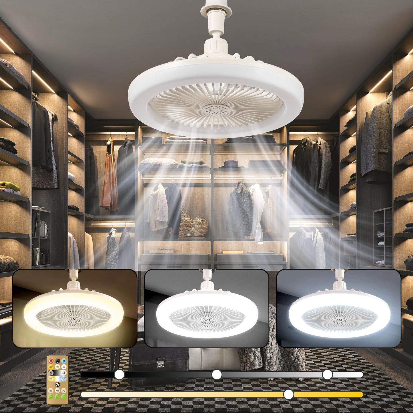 CornerSmith Enclosed Ceiling Fan with Light - Small 10-inch Bladeless Socket Fans with Remote Control, Dimmable LED Lights 3 Gear Wind Speeds