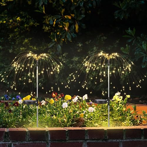 2 Pack Solar Firework Lights Outdoor, Adjustable 32" to 51" Extra Tall, Verified 200 LED Warm White Stainless Steel 3-Section Pole, 8 Modes Waterproof