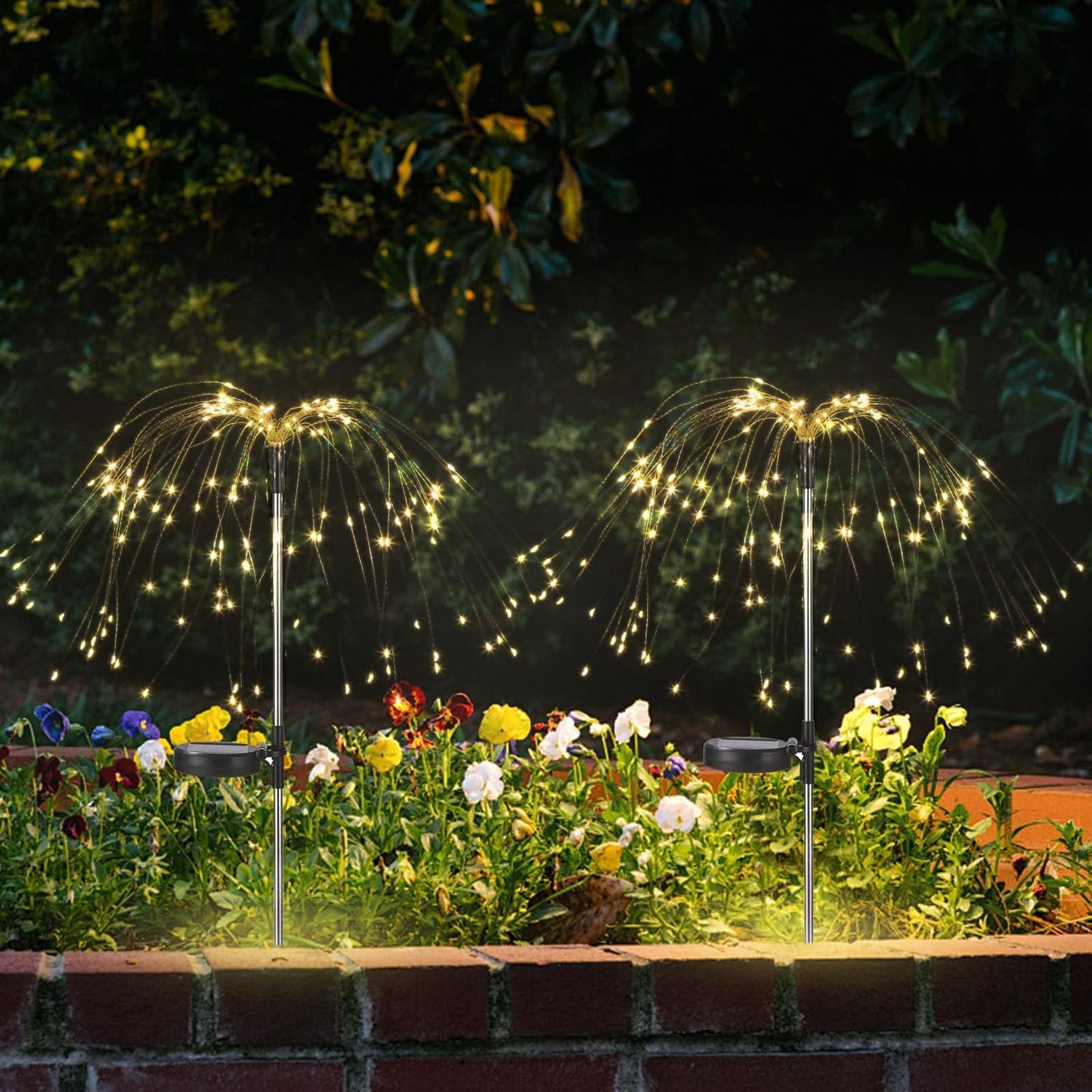 2 Pack Solar Firework Lights Outdoor, Adjustable 32" to 51" Extra Tall, Verified 200 LED Warm White Stainless Steel 3-Section Pole, 8 Modes Waterproof
