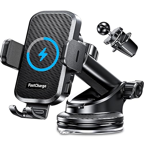 CHGeek Wireless Car Charger with Phone Holder Mount, 15W Fast Charging Auto Clamping Phone Holders for You Car Windshield Dashboard Air Vent