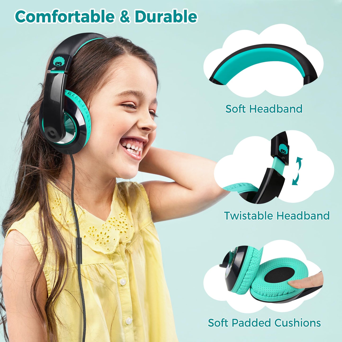 rockpapa Comfort+ Kids Headphones with Microphone, Boys Girls Student Over-Ear Headphones Wired for School Classroom Laptop PC Computer Tablet Black…