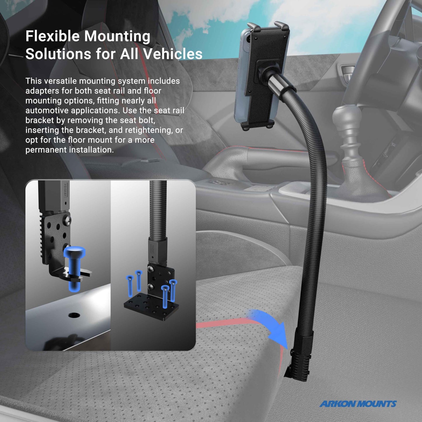 Arkon Mounts - Car Seat Rail Phone or Tablet Mount | Flexible Positioning | 22" Gooseneck | 360° Adjustability | Tablet Holder fits iPhone, Galaxy