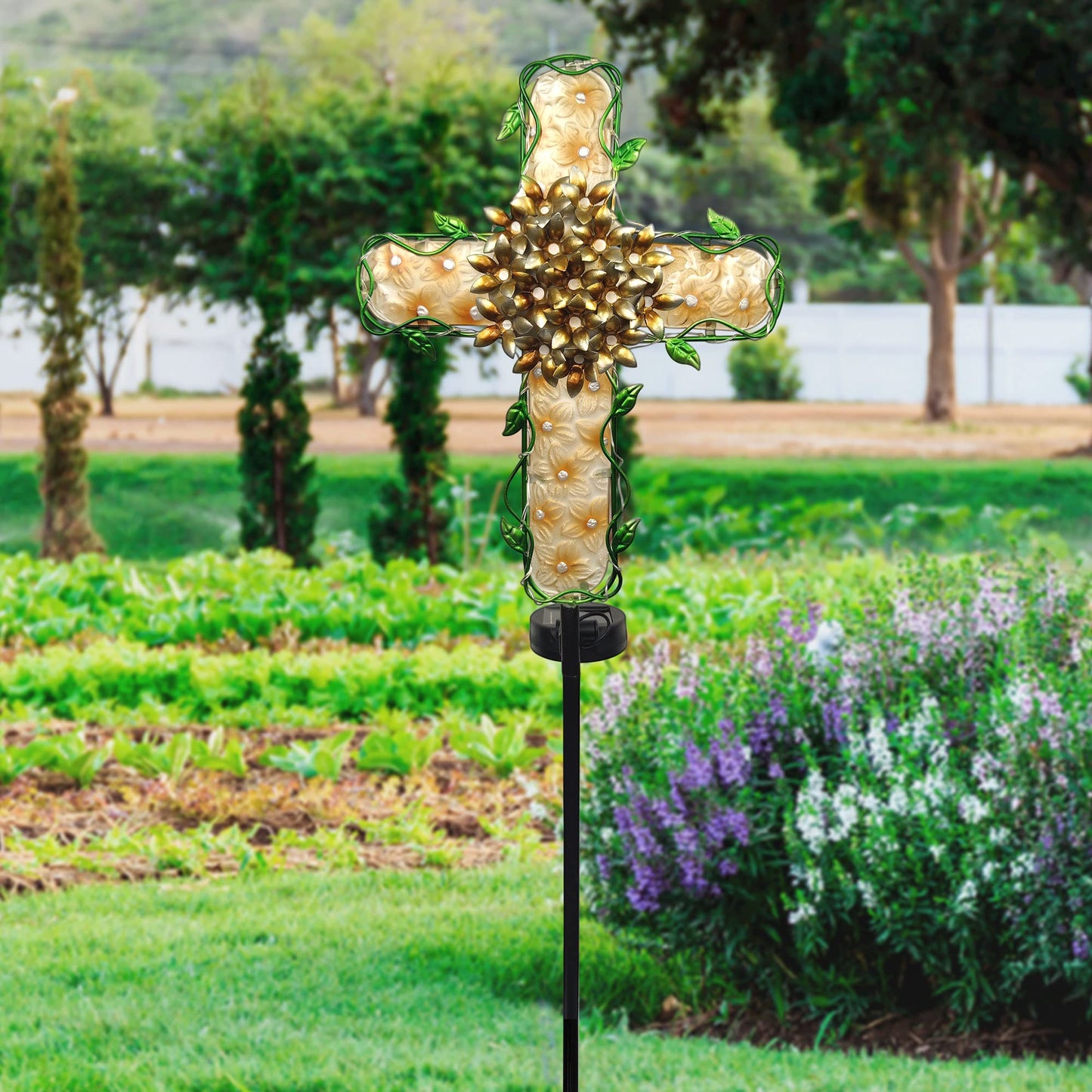 COOZZYHOUR 38inch Cross Garden Solar Lights Outdoor Decorative - Solar Metal&Glass Cross Apricot Hydrangea Flower Stake Lights- Waterproof 20 White