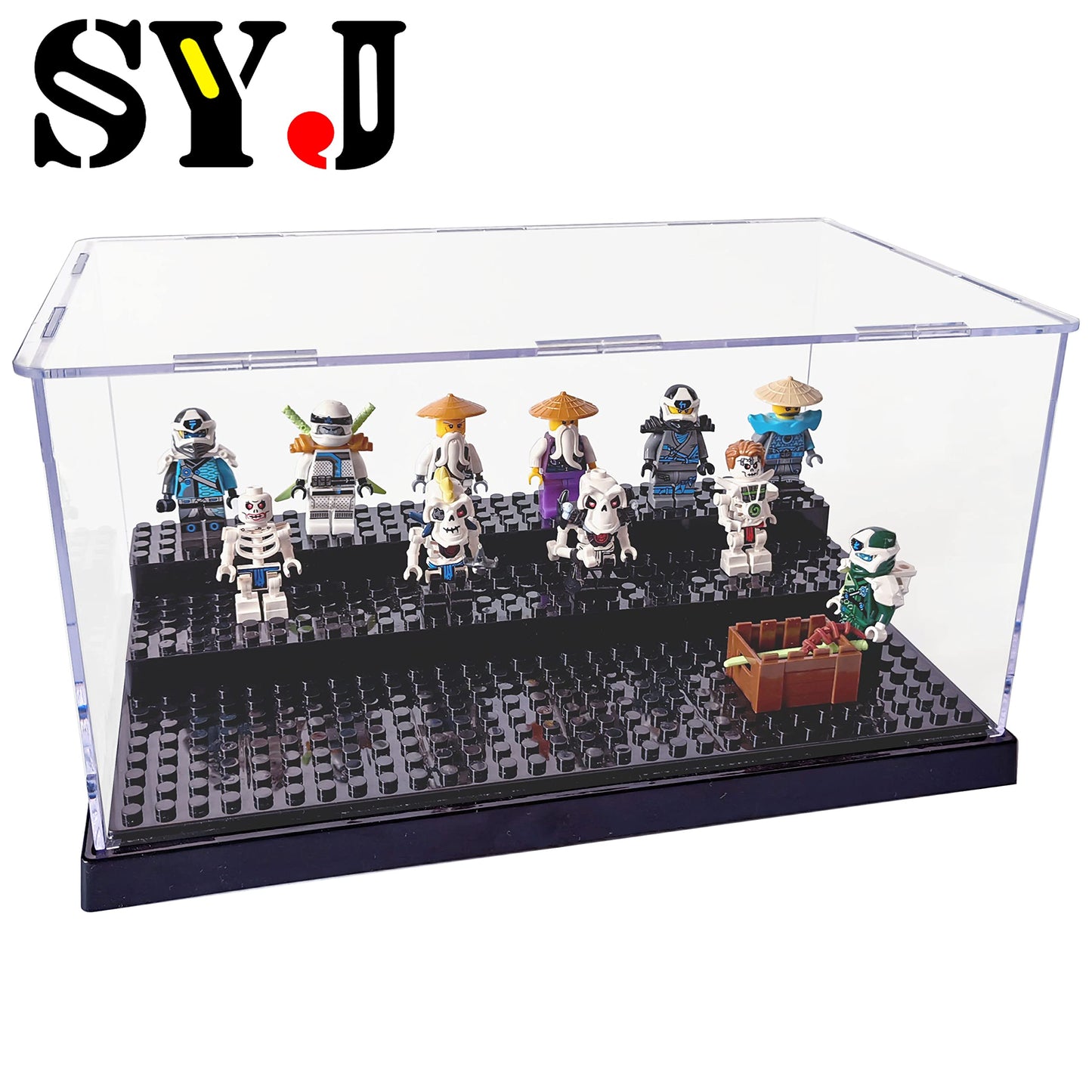 Acrylic Display Case for Figures – Dustproof Clear Box with Building Base, Brick Storage & Action Figure Showcase (Black)