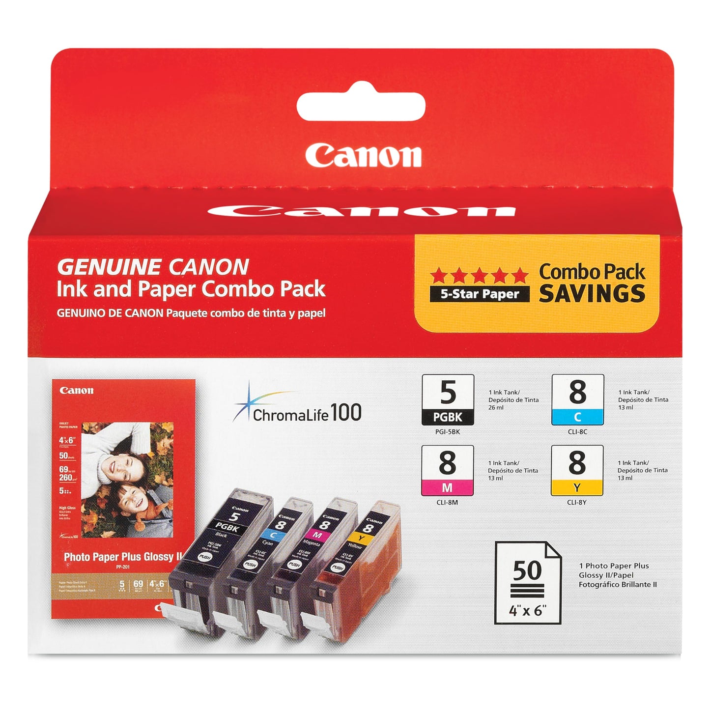 Canon PGI-5/CLI-8 Genuine Combo Pack with Photo Paper 50 Sheets, Compatible with MP500, MP510, MP520, MP530, MP600, MP610, MP800, MP800R, MP810