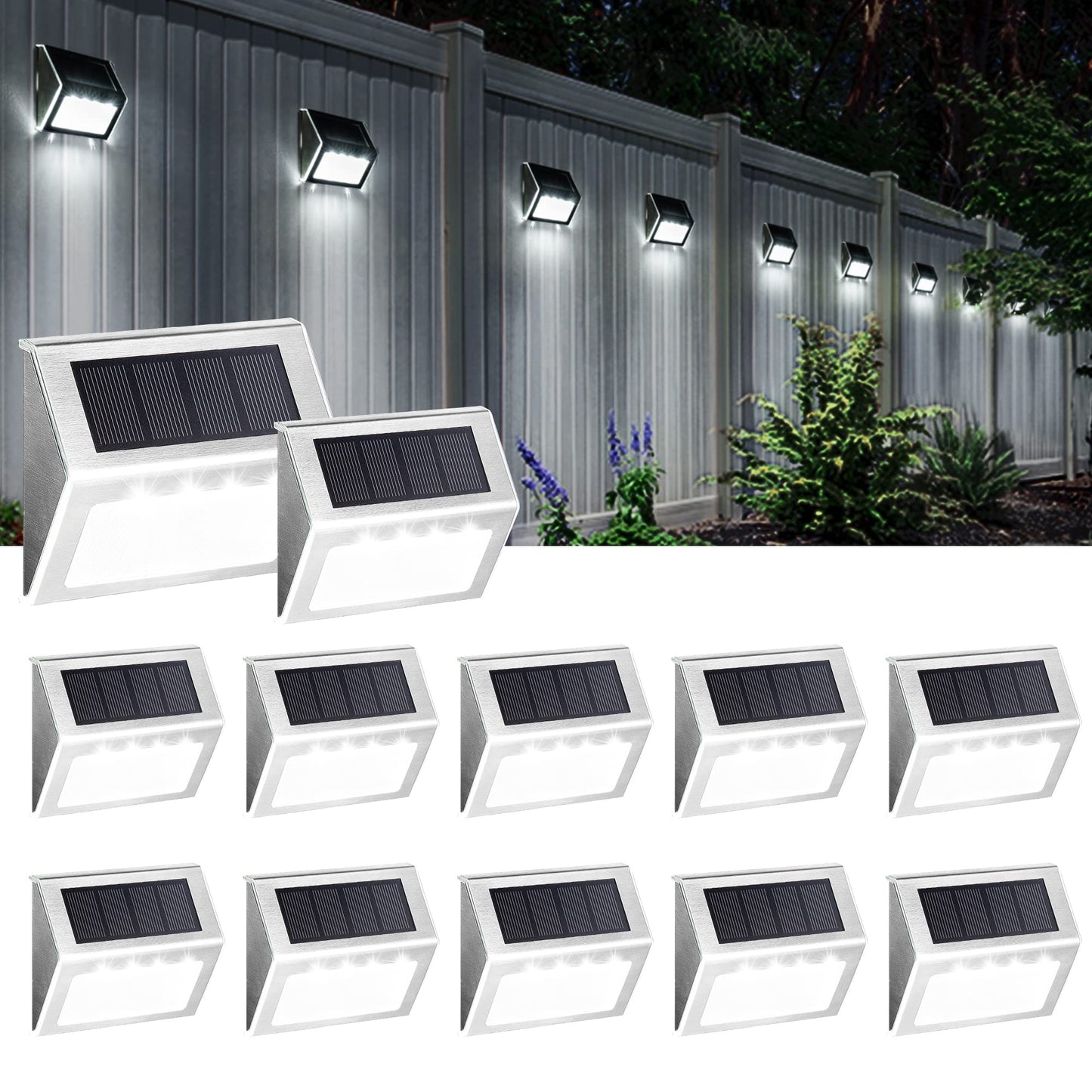 SOLPEX Solar Fence Lights, 12 Pack Solar Powered Deck Lights Outdoor Waterproof,4 LEDs Solar Step Lighting for Stair Stairway Patio Porch Pathway