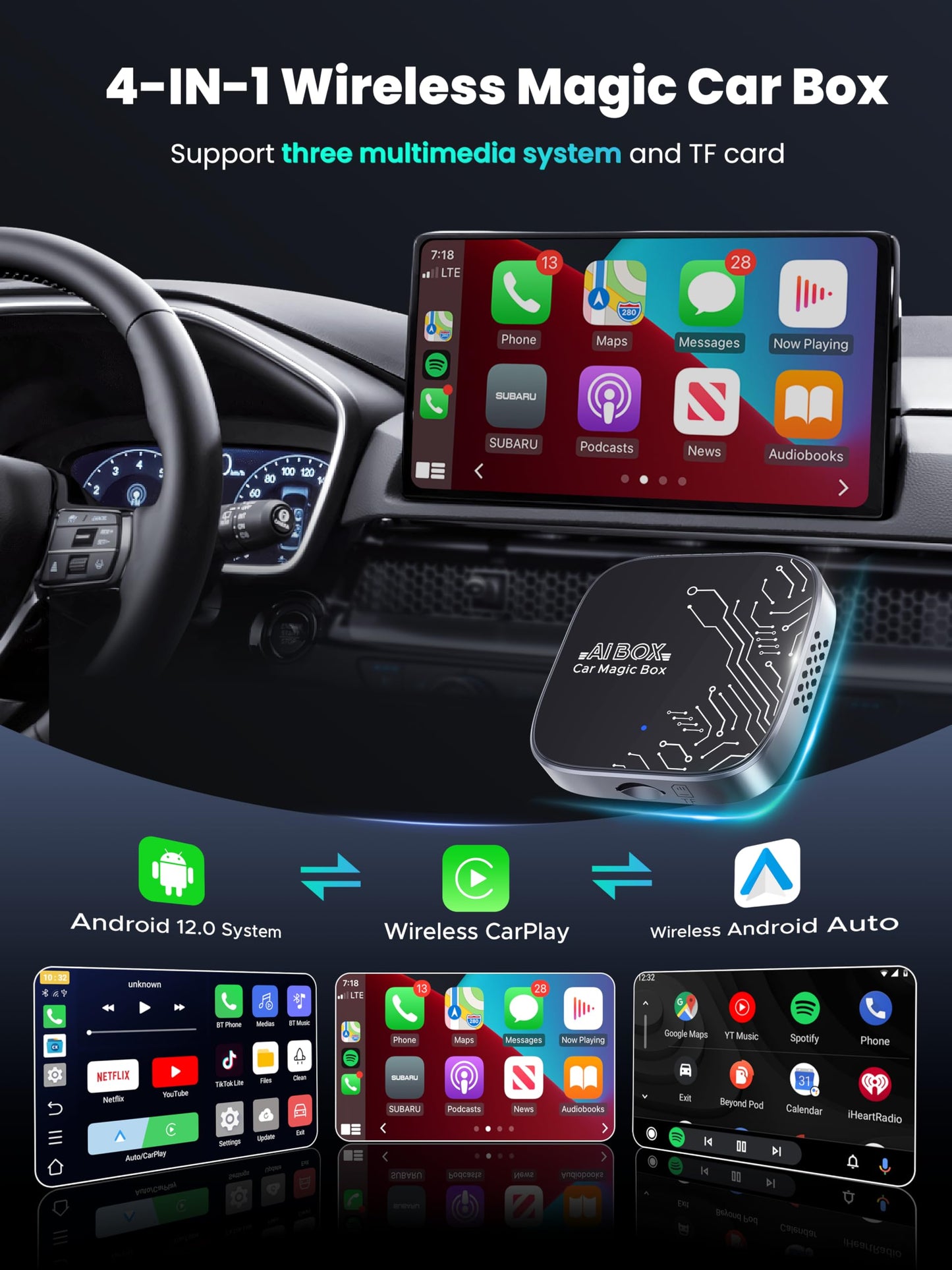 4-in-1 Wireless CarPlay Adapter for Streaming Netflix/YouTube/TikTok/TF Card, 2026 Magic Video AI Box & Android Auto Dongle [Dual Band WiFi, Autolink