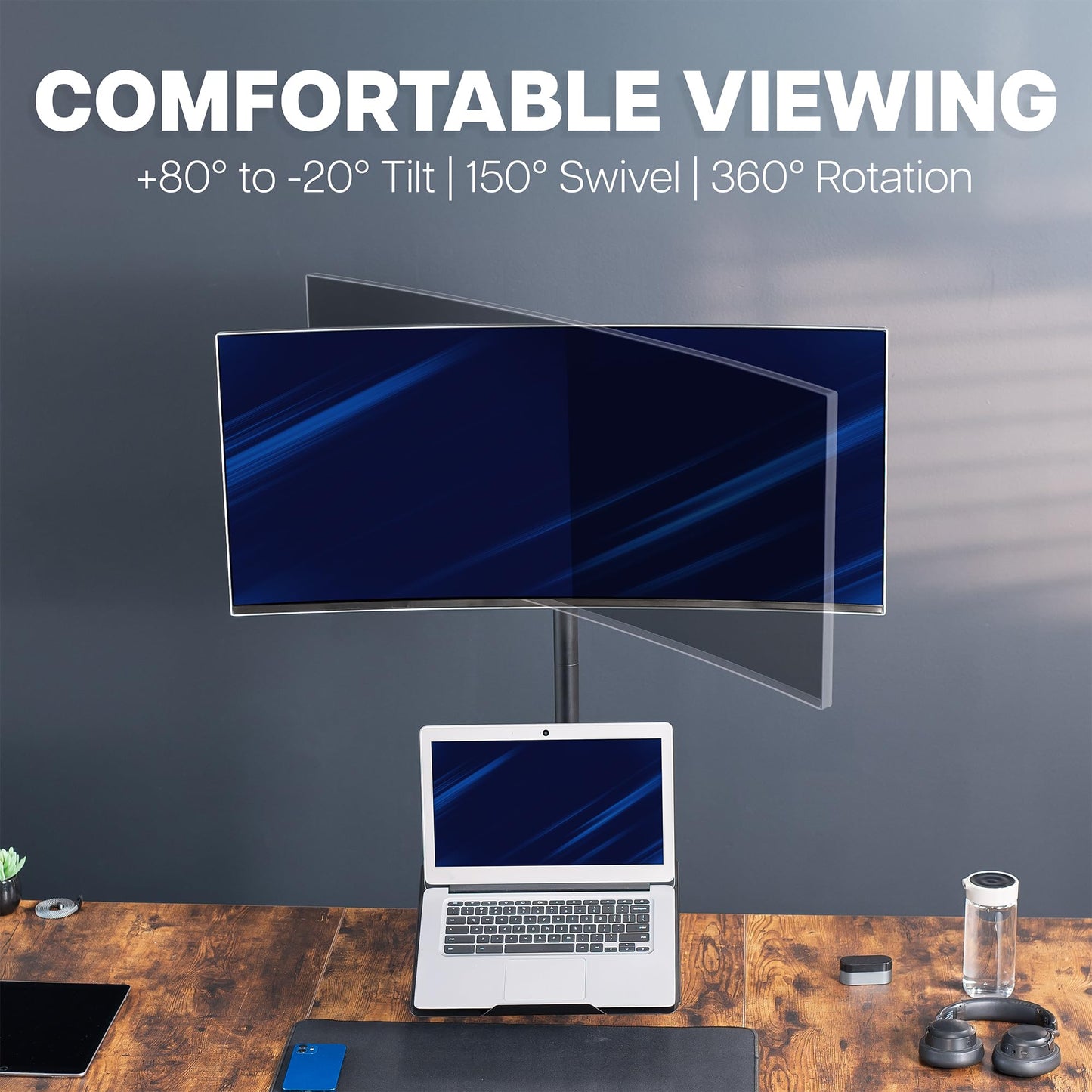 VIVO Extra Tall Desk Mount for up to 49 inch Ultrawide and Tray for up to 17 inch Laptop, Clamp-on Adjustable Stand Holds 44 lb Screens, VESA up
