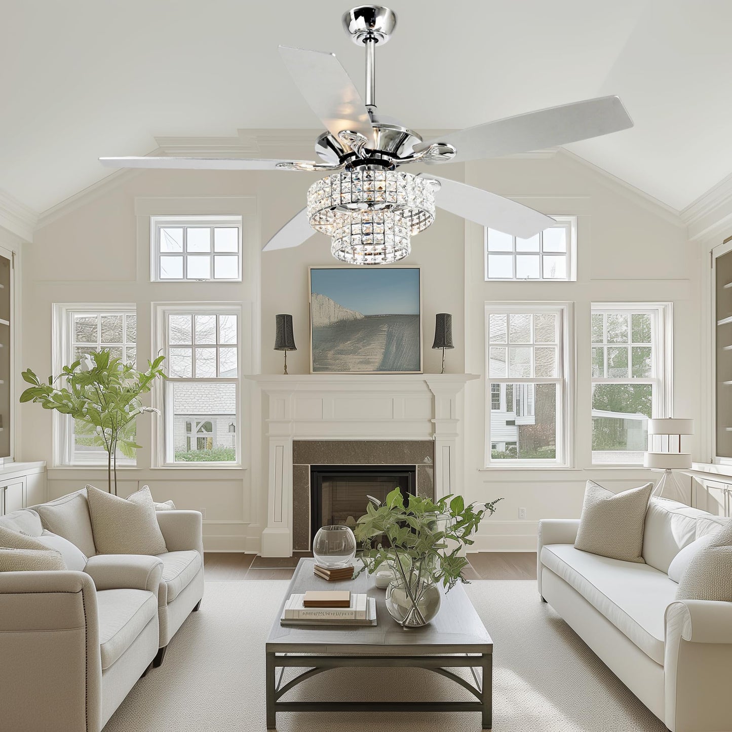 Vaczon 52 Inch Ceiling Fan with Light & Remote - Farmhouse Caged Fandelier, Crystal Mosaic Style Ceiling Fan with 6 Speeds,Reversible