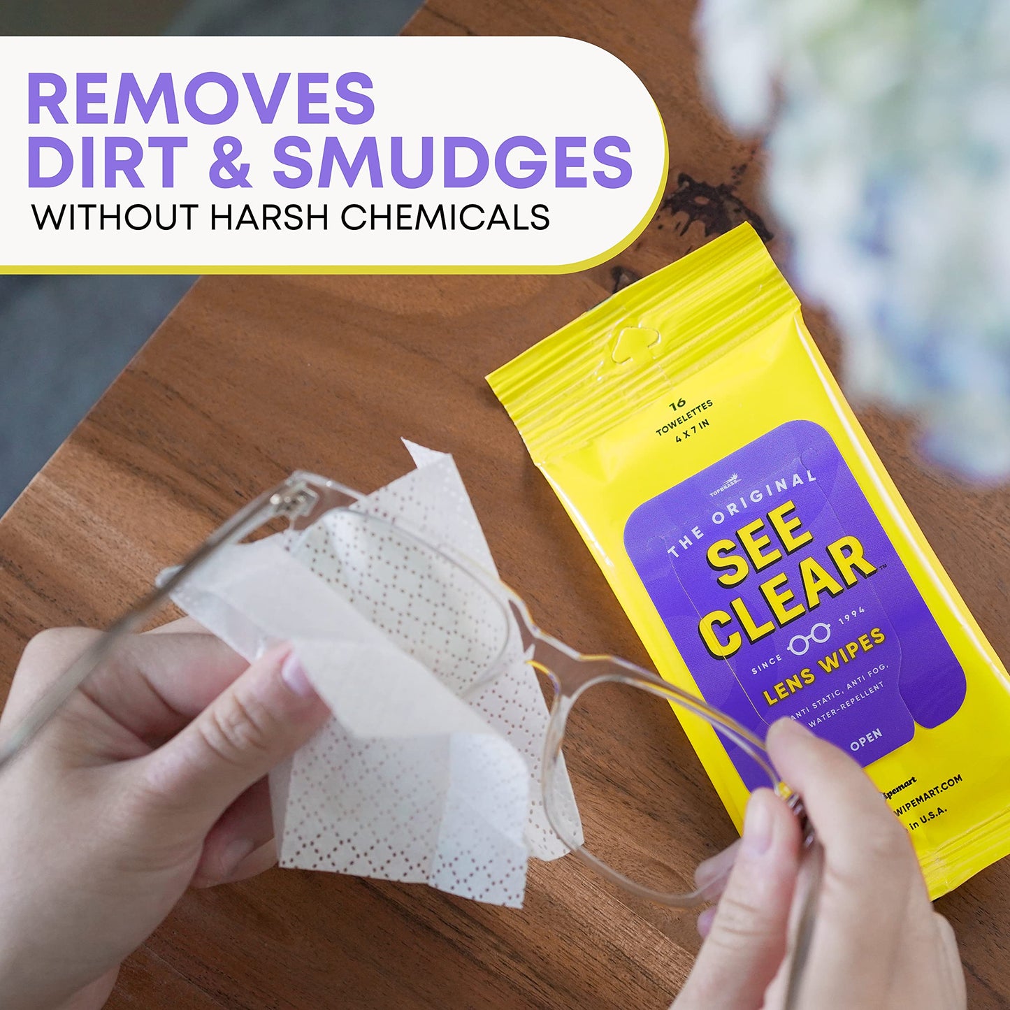 See Clear Original Lens Cleaning Wipes - Pre-Moistened Eyeglass & Screen Cleaning Cloth Towelettes - Streak Free, Scratch Free Lens & Electronic