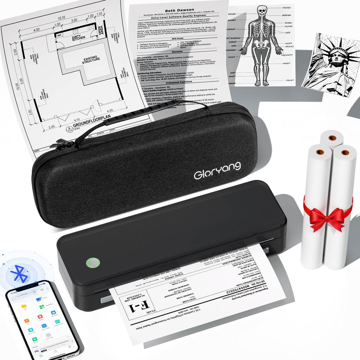 Gloryang Inkless Portable Printer for Travel, Wireless Thermal Printer Supports 8.5 x 11 Inch Thermal Paper, Bluetooth Machine Includes Carry Case