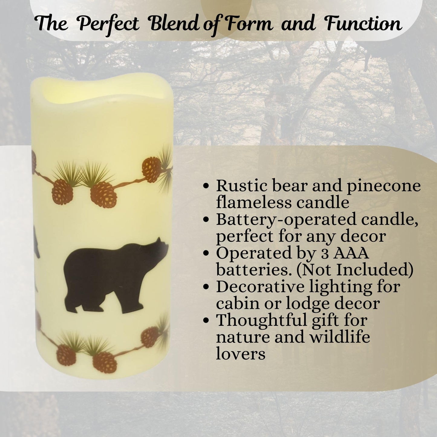 BestGiftEver Battery Operated Flameless Candle with Bear and Pinecone Design - Decorative LED Candle Light for Rustic Decor and Holiday Decorations