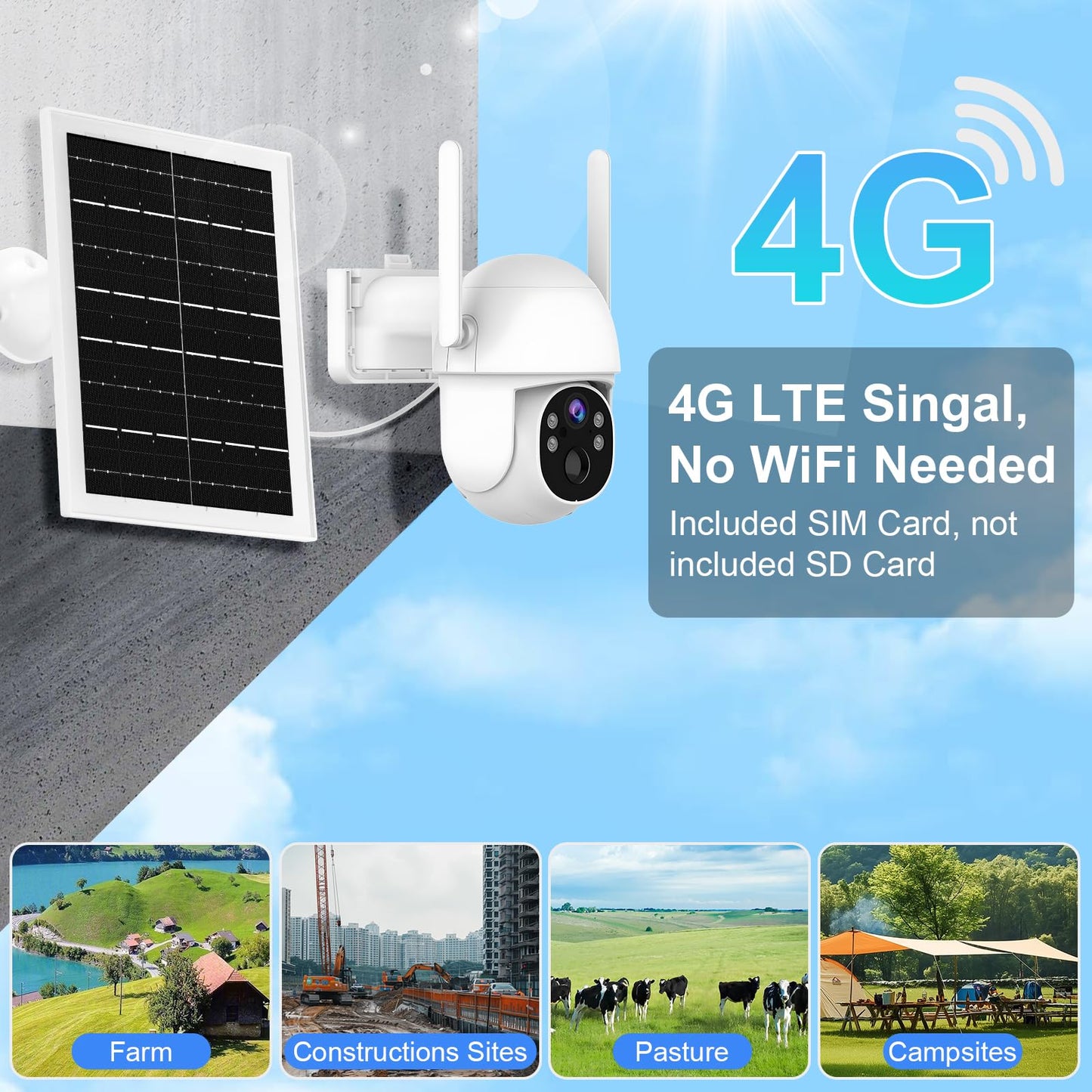 Vearoat 4G LTE Cellular Security Camera Outdoor System, Lifetime Free Unlimited Data,Wireless Solar Security Camera Built in SIM Card, 360° Live View