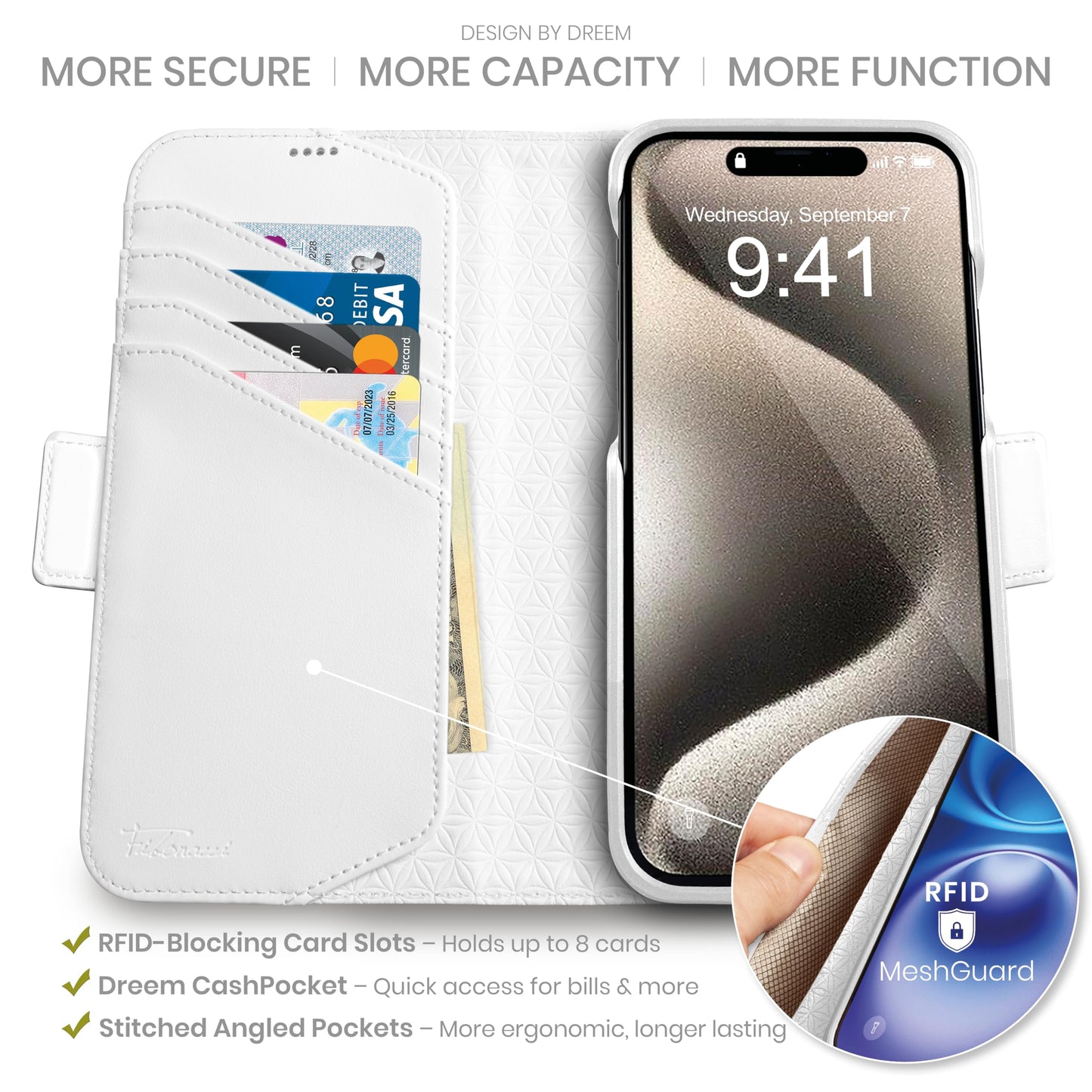 Dreem Wallet Case for iPhone 15 Pro, Revolutionary Vert/Hor Phone Stand, Magnetic Detachable Vegan Leather Flip Cover RFID Blocking Card Holder