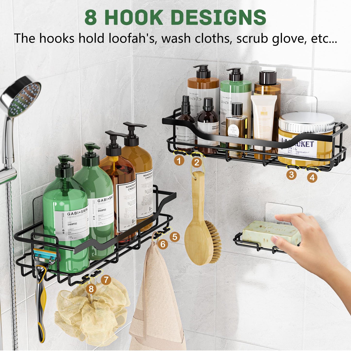 OMAIRA 3-Pack Shower Caddy Set – No-Drill Adhesive Bathroom Organizer with Soap Holder, Rustproof Storage Rack – Black, Large