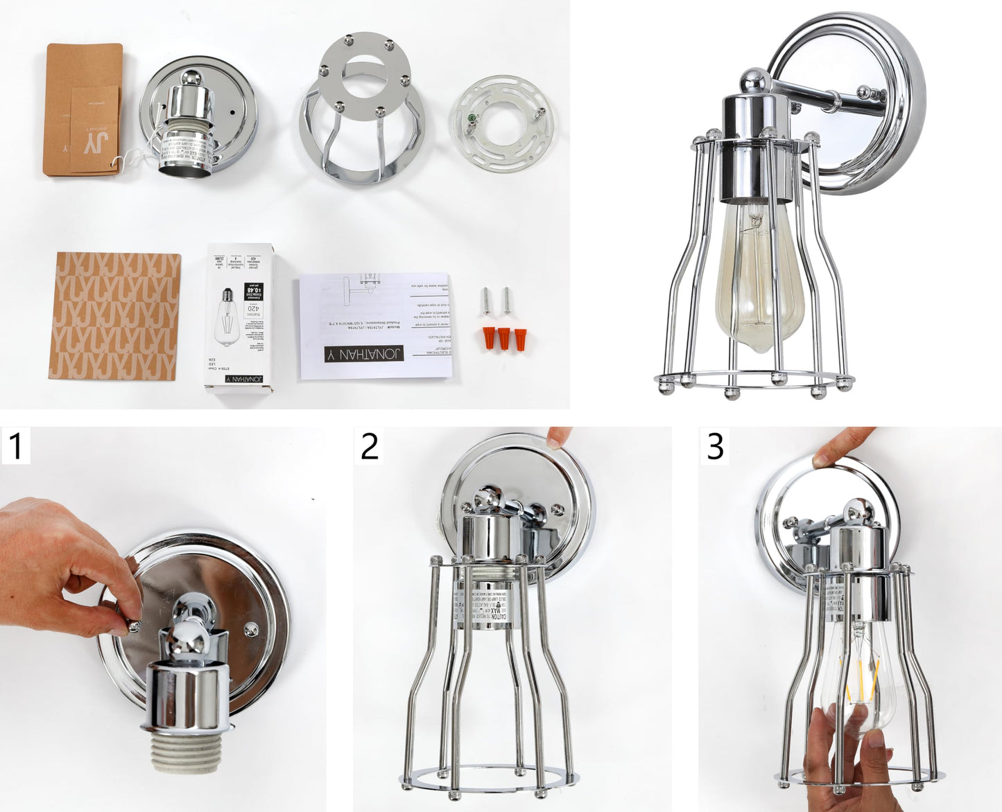 JONATHAN Y 5.13" Chrome Modern Industrial Metal Vanity Light, Bathroom Sconce for Mirror, Reversible 1-Light Wall Lamp with Metal Cage Shade