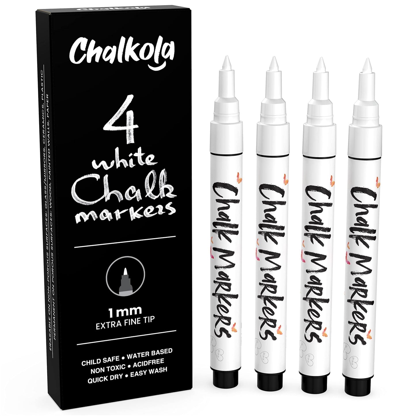 Extra Fine Tip White Chalk Markers (4 Pack 1mm Point) Chalk Pens - White Dry Erase Marker Pen for Blackboard, Chalkboards, Windows, Glass, Bistro