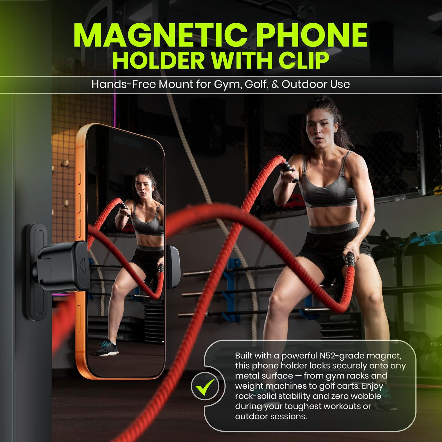BARENDA Magnetic Phone Holder for Gym with N52 Magnet and Secure Clip, Strong Magnetic Phone Mount for All Phones, Attaches to Metal Surfaces