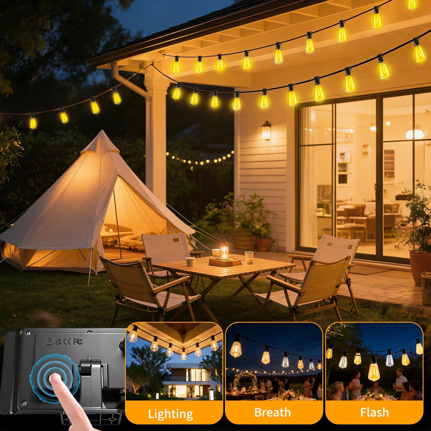 FUANXIEI Outdoor Solar String Lights Waterproof: ST38 50ft Shatterproof Patio Lights - Solar Powered & USB Dual Charging - 3 Modes Button Control
