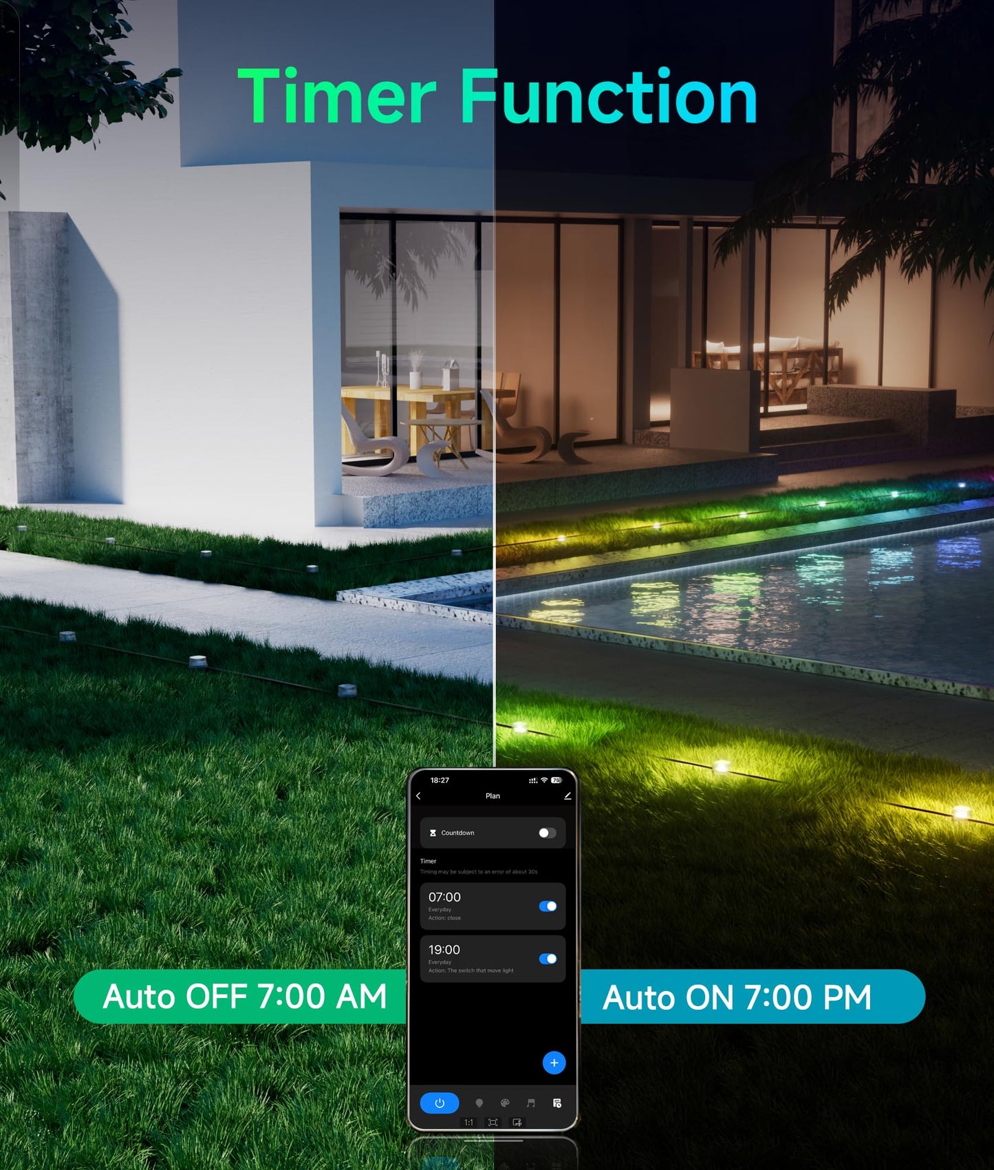 DeckTok Outdoor Ground Lights, 50ft Smart RGBCW LED Pathway Lights Work with Alexa, Google Assistant, 15 Pack IP67 Waterproof Landscape Lighting