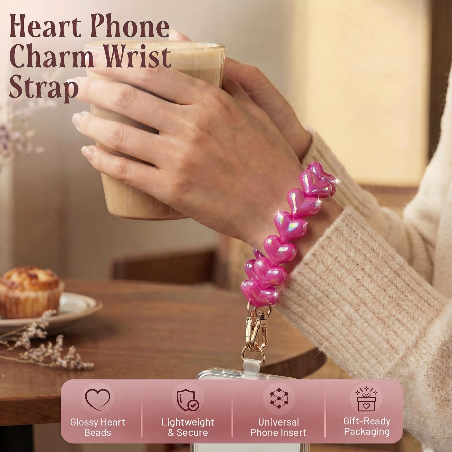Lokaya Heart Beaded Phone Wristlet | Phone Wrist Strap With Tether Tab | Cute Accessory for Phone, AirPods, Bag, Keys, Cameras - Hot Pink