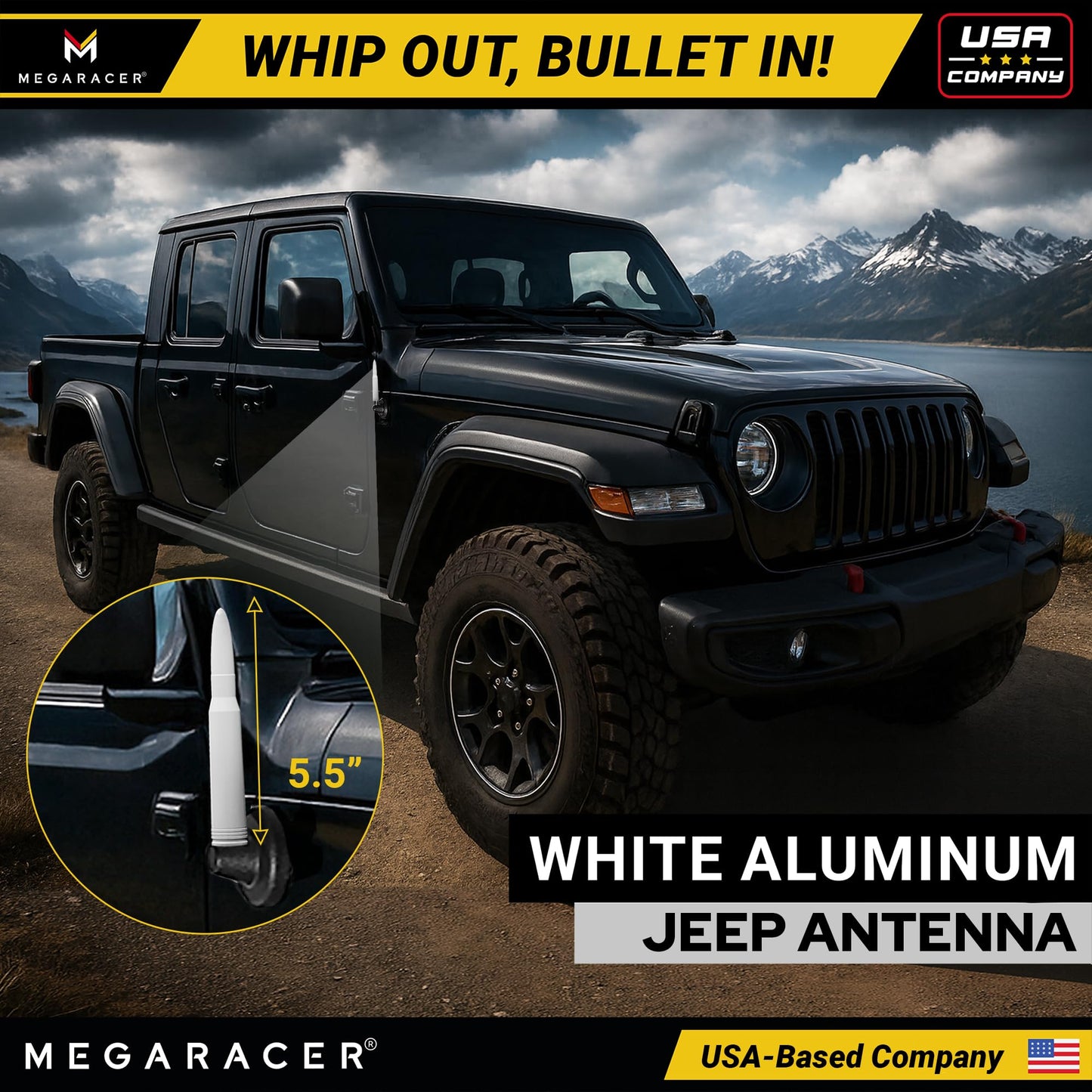 Gloss White 50 Cal Bullet Antenna for Jeep Wrangler JK JL & Gladiator JT (2007-2024), Rubicon Sahara Willys Mojave 4xe Accessories, Short Replacement