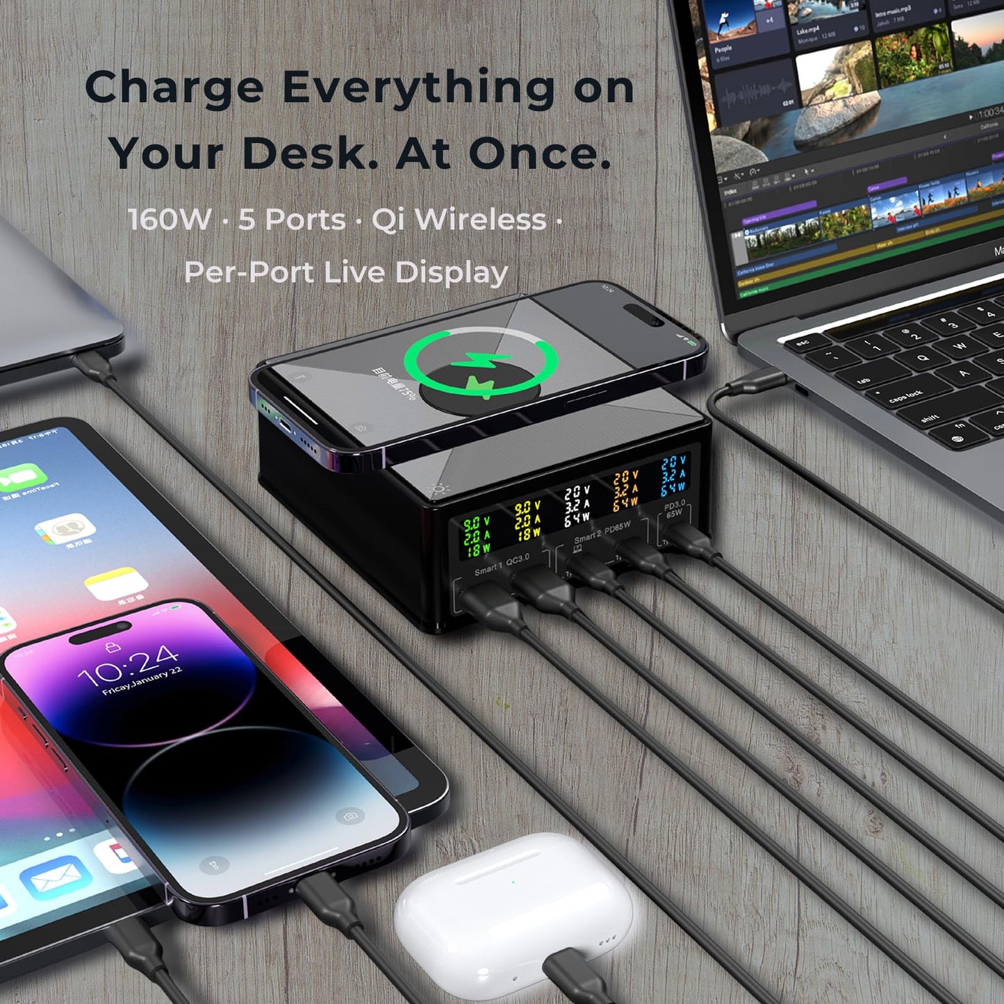 160W Desktop Charging Station 6-in-1: USB-C PD 65W Laptop Charger, QC 3.0, Qi Wireless Pad, Per-Port Digital Display On/Off - for MacBook, iPhone