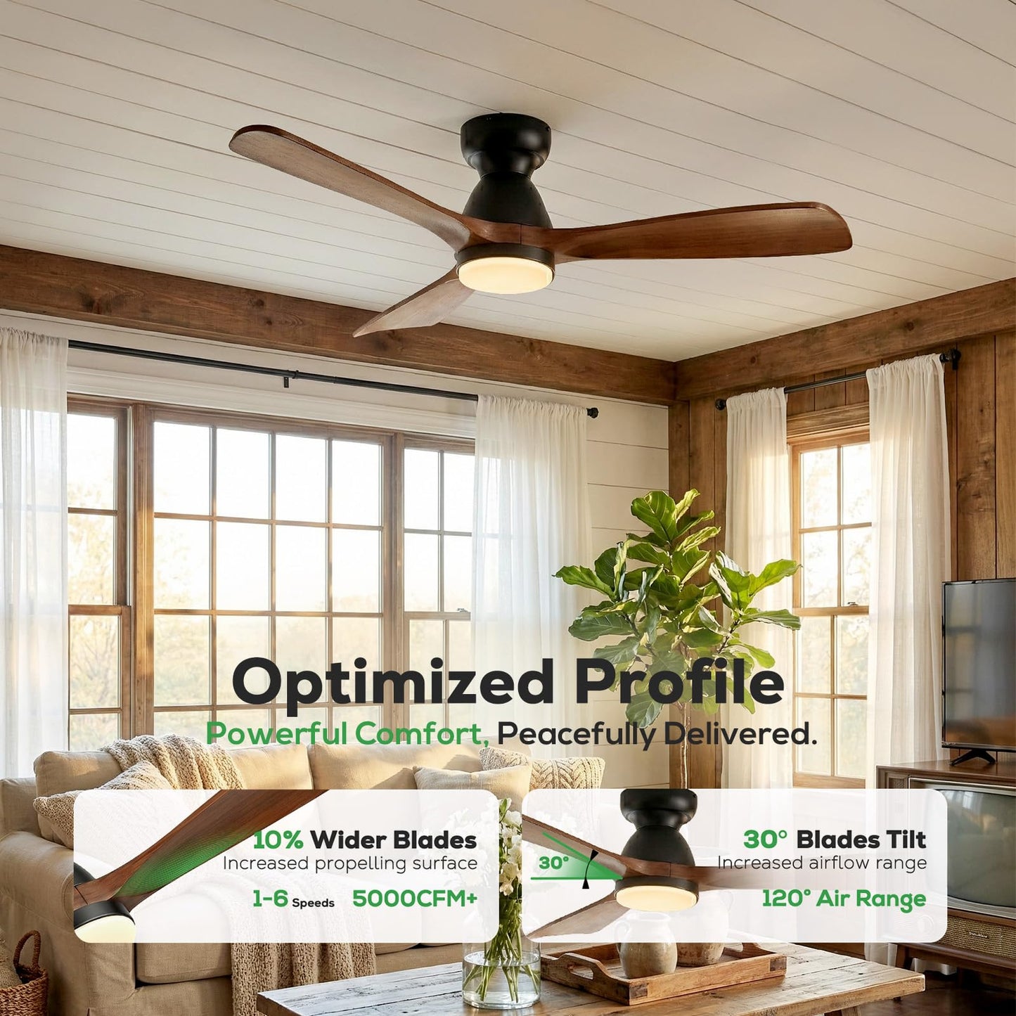 52in Smart Flush Mount Ceiling Fans with Lights,Outdoor Low Profile Wood Ceiling Fan Quiet DC Motor,Work with Alexa/Gg Voice