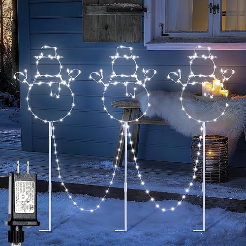 woohaha Christmas Snowman Pathway Lights,200 LED Plug in Garden Outdoor Decorations?Waterproof String Lights with 3 Snowman Stakes Light for Garden