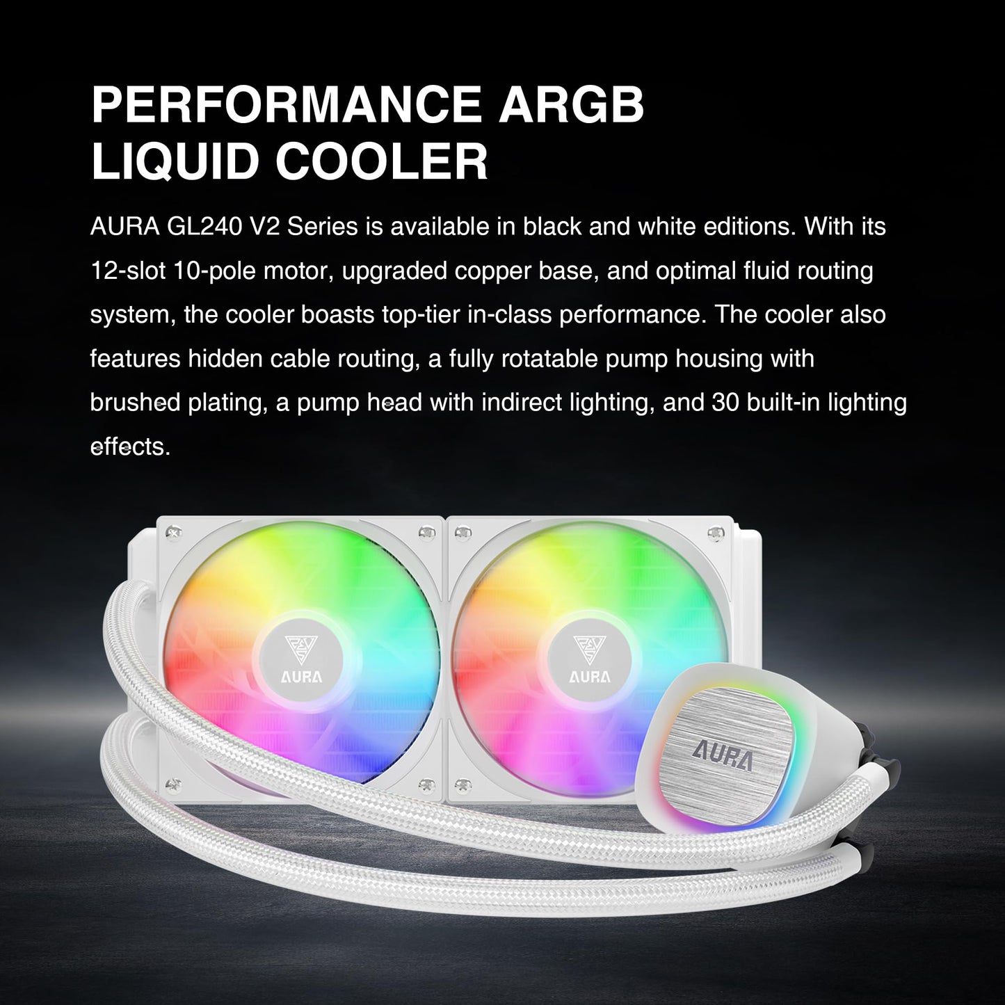 GAMDIAS AURA GL240 V2 240mm AIO Liquid CPU Cooler, Rotatable Pump Cover, 2 x 120mm Hidden Cable ARGB PWM Fans, Daisy-Chained, Support Low-Noise PWM